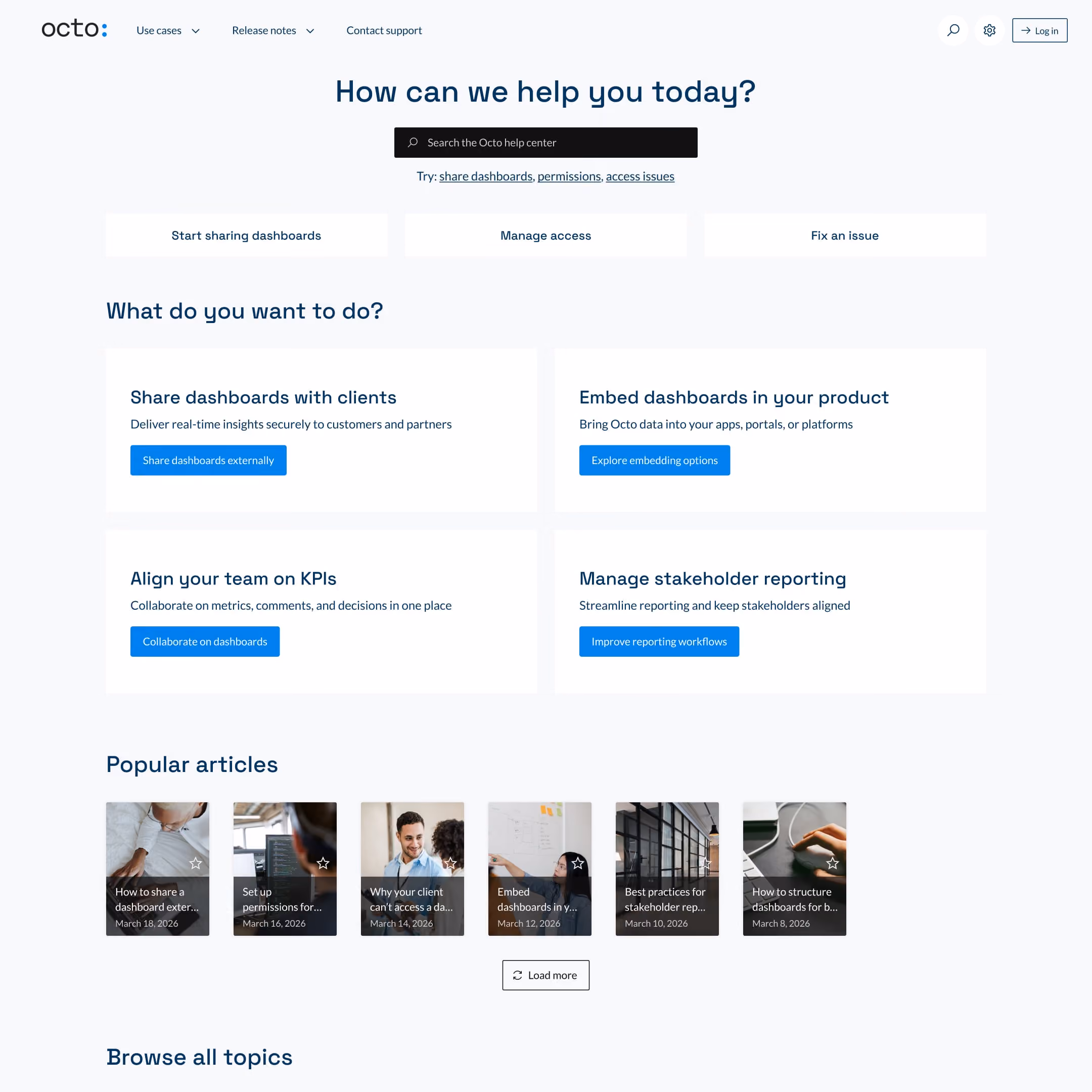 Octo help center homepage showing search, options to share dashboards, manage access, fix issues, and popular articles.