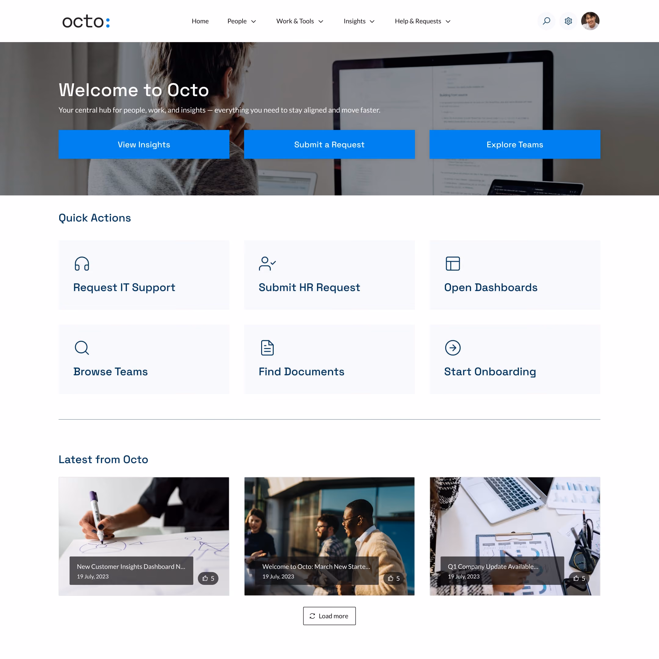 Octo intranet homepage with navigation, quick actions like IT support and HR requests, and latest company updates.