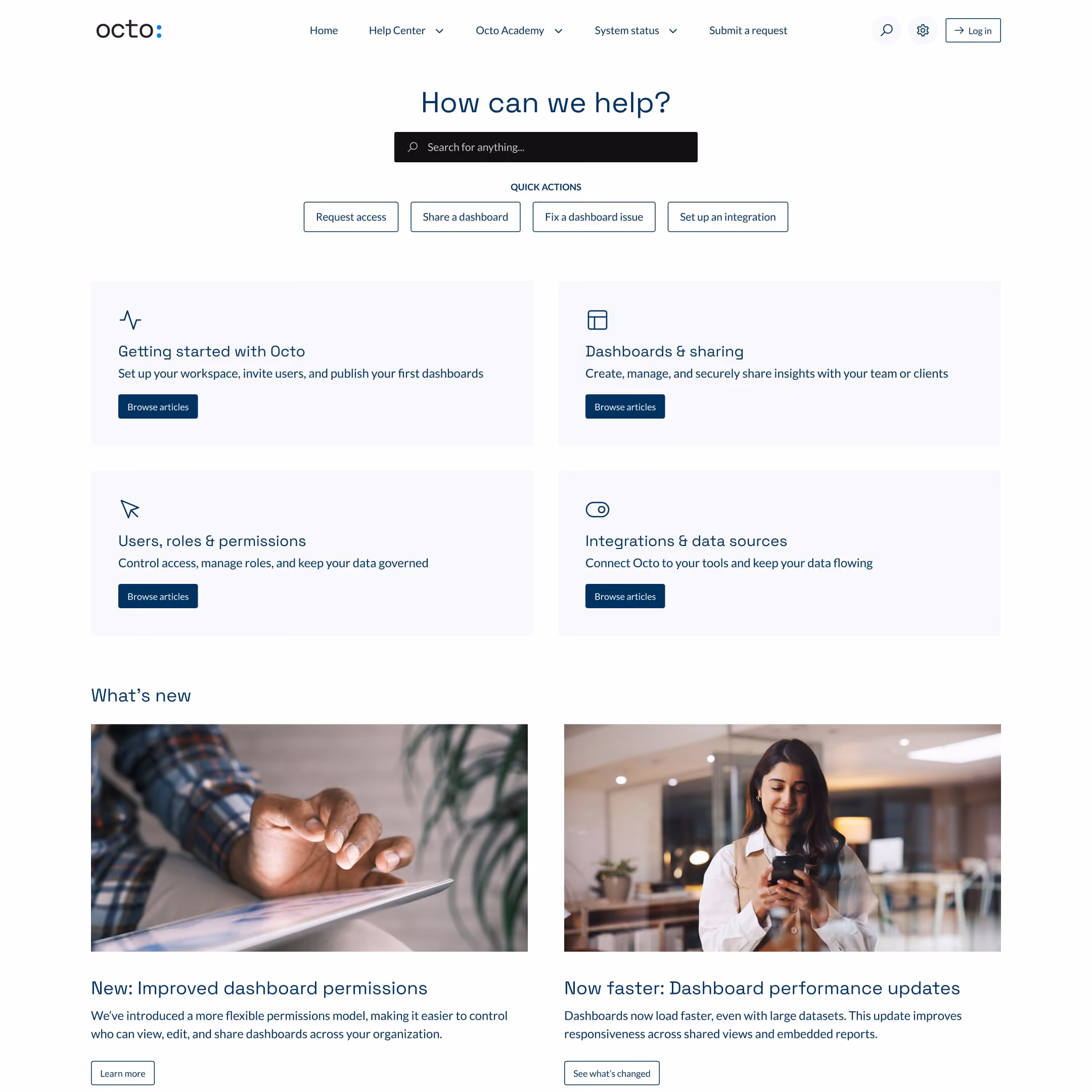 Octo support homepage with search bar, quick action buttons, help topics, and news updates on dashboard features.