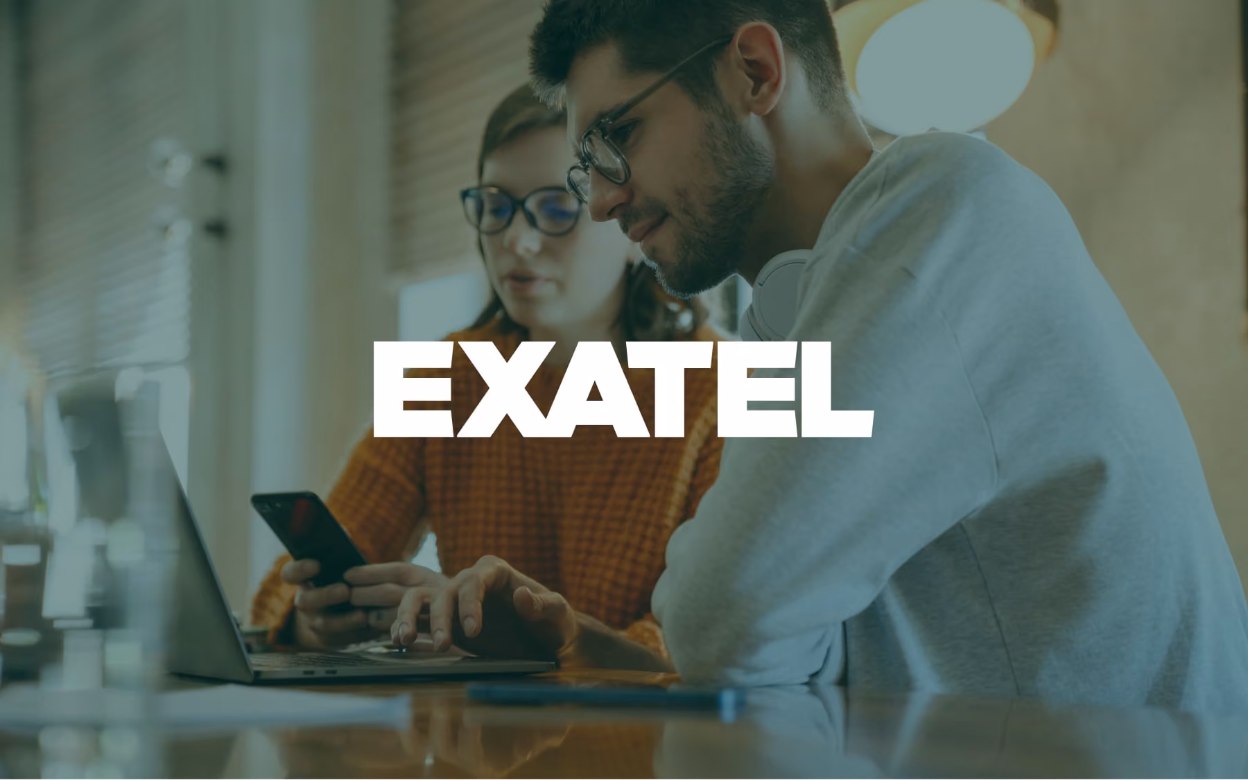 The Exatel logo against an image background with a dark green tint overlay.