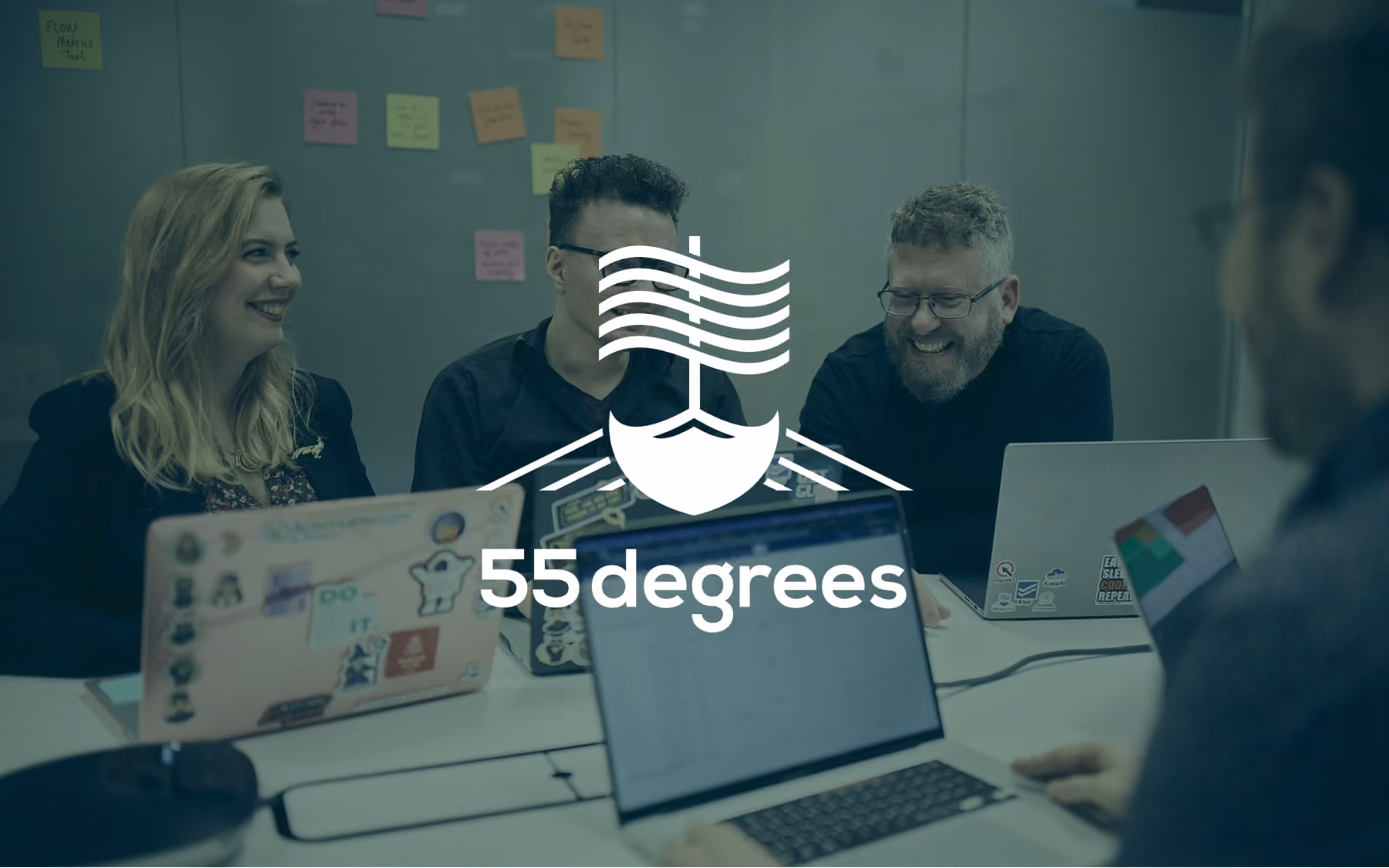 The 55Degrees logo against an image background with a dark green tint overlay.