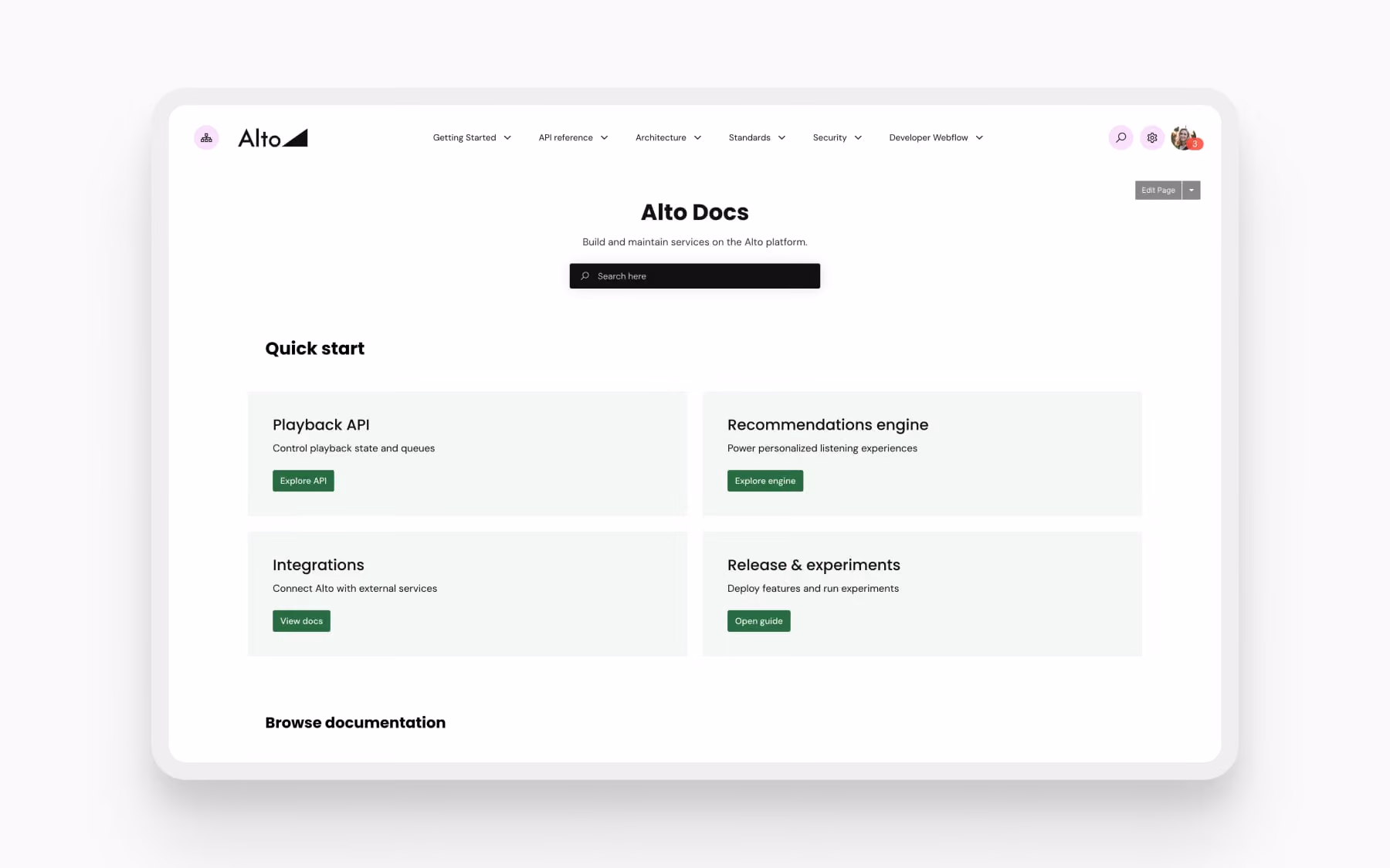 The Alto Docs demo site showing quick start options for Playback API, Recommendations, Integrations, and Release guides.