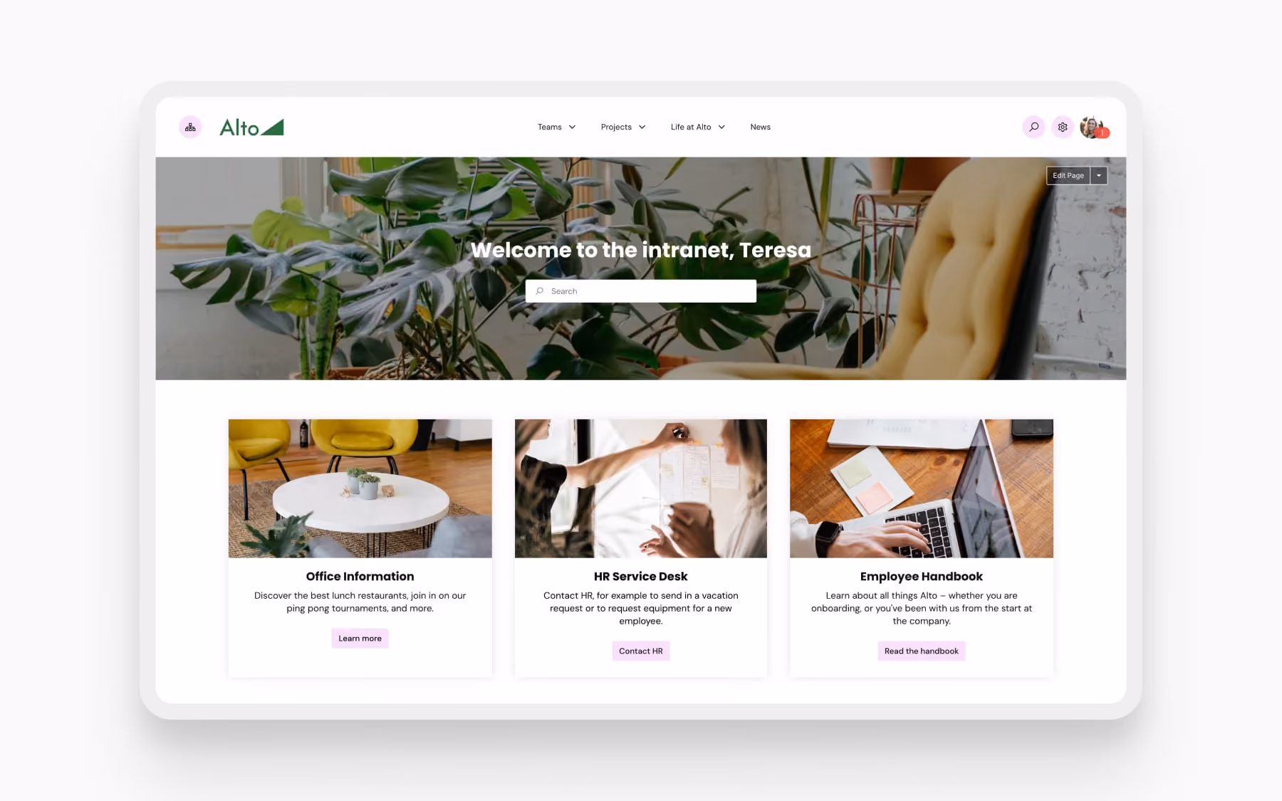 The Alto Intranet demo site homepage with welcome message, search bar, and info cards for office, HR, and employee handbook.