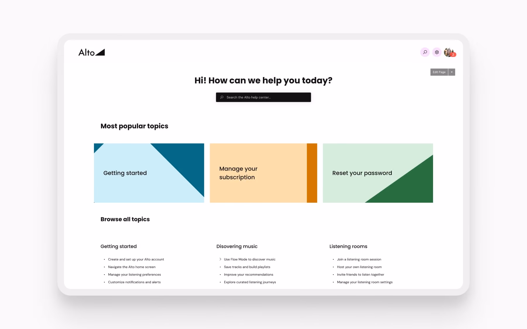 The Alto Knowledge Base demo site with search bar and topics to get started, manage subscription, and reset password.