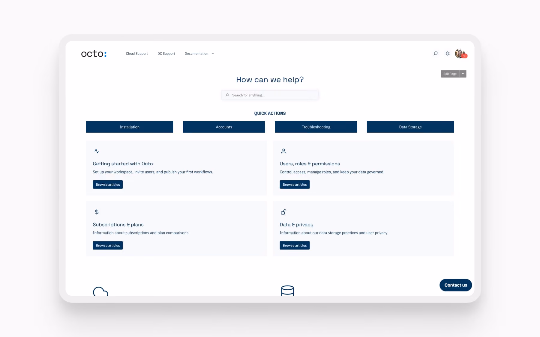 The Octo External Support demo site with search bar and sections for installation, accounts, troubleshooting, and data storage topics.
