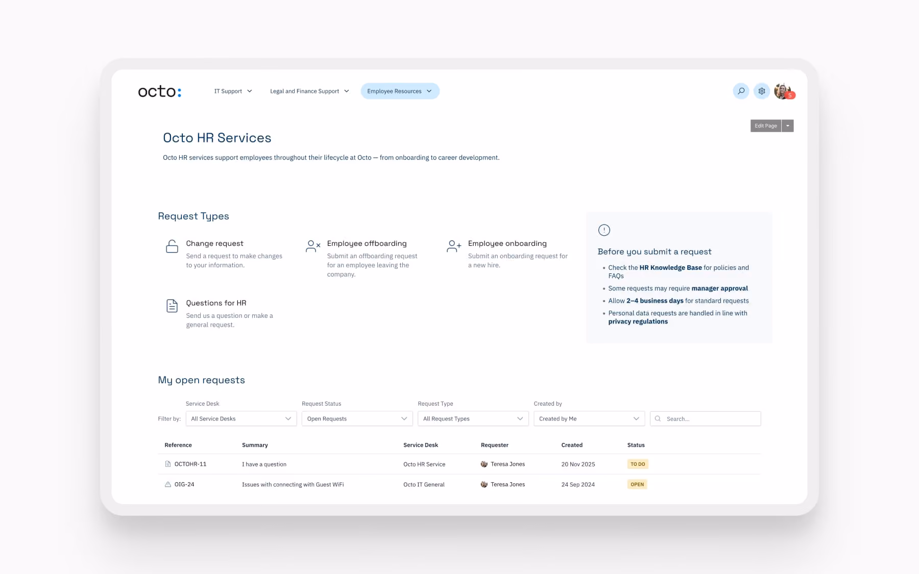 The Octo HR services demo page showing request types, open requests list, and guidance for submitting requests.