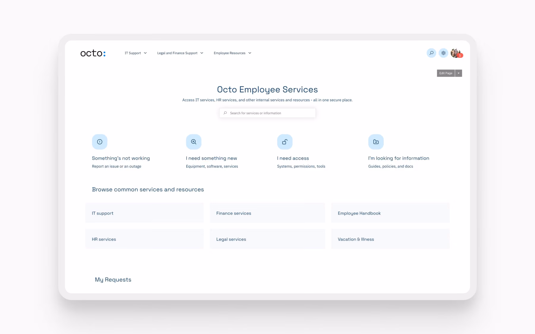 The Octo Employee Services demo site with options to report issues, request equipment, access tools, or find information.
