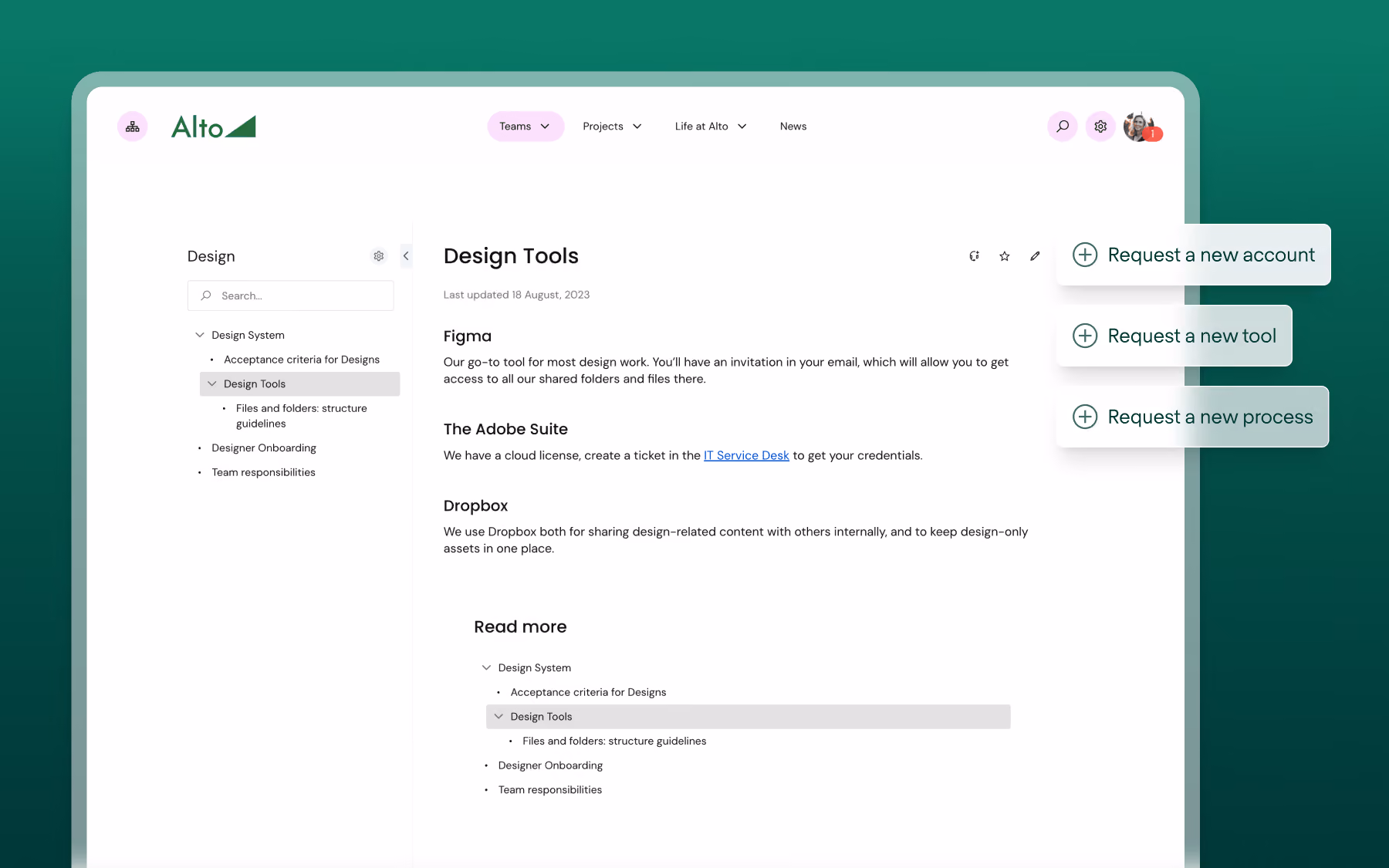 Webpage showing design tools section with Figma, Adobe Suite, Dropbox info and request buttons on a green background.
