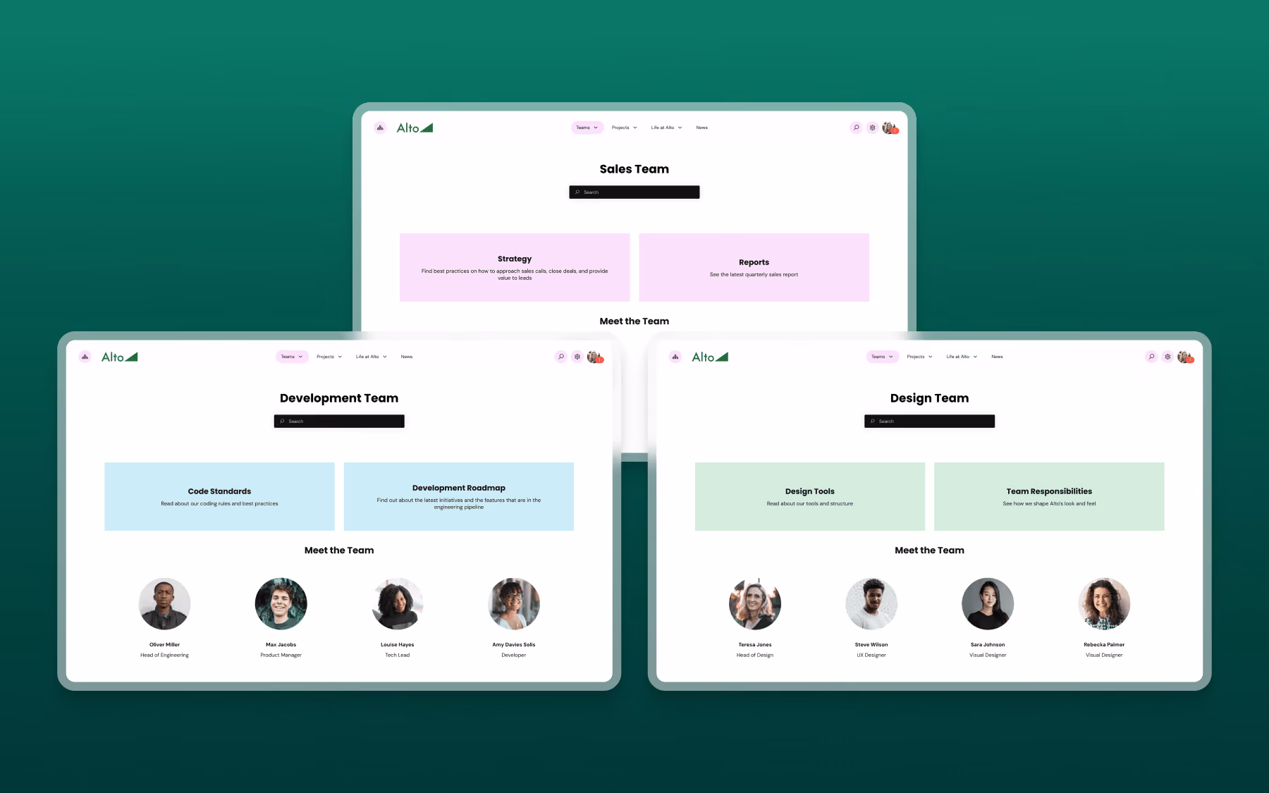 Dashboard showing Sales, Development, and Design teams with roles, tasks, and member photos in a corporate intranet.