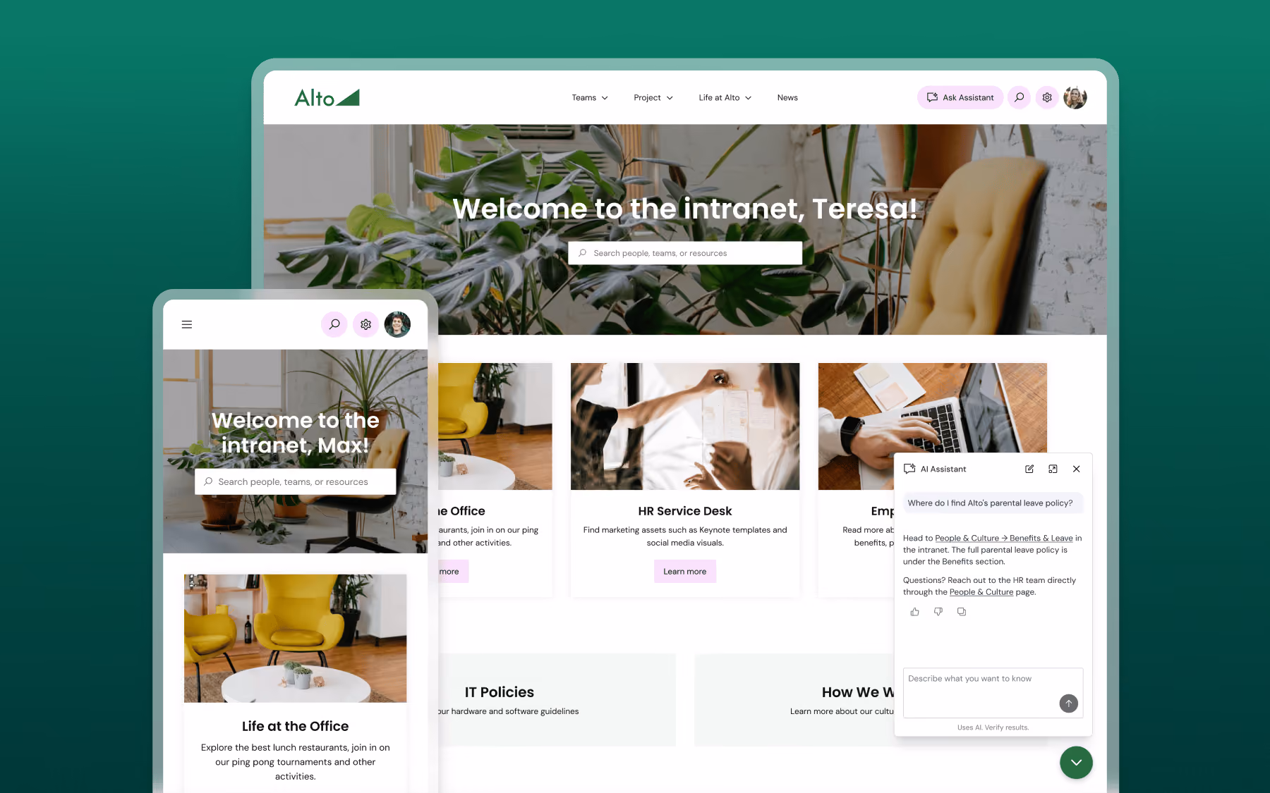 Company intranet screens showing personalized greetings, search bars, office life info, HR desk, and AI assistant chat.