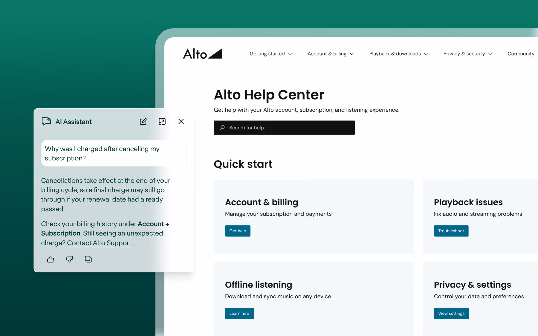 Alto Help Center webpage with AI Assistant answering billing questions and quick start help sections.