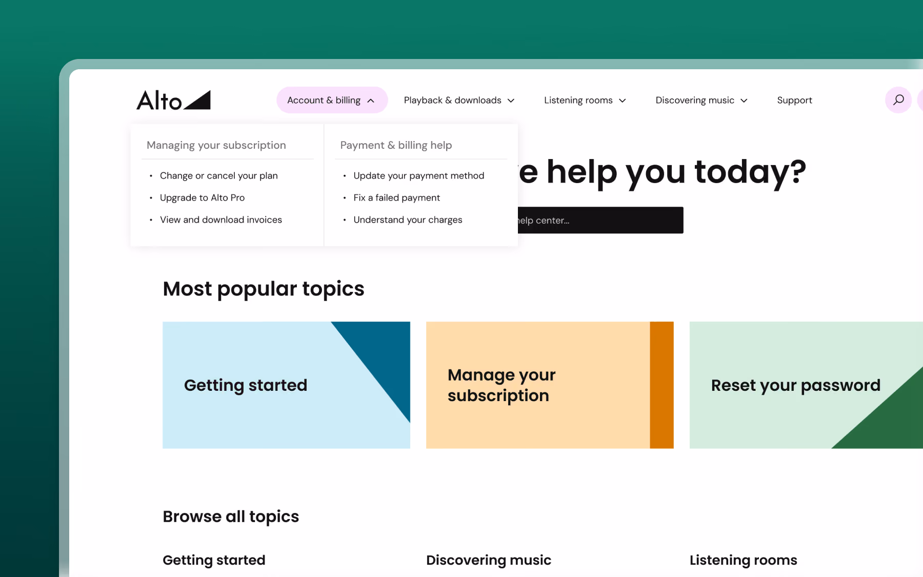 Alto web page showing account billing menu with options for managing subscriptions and payment help.