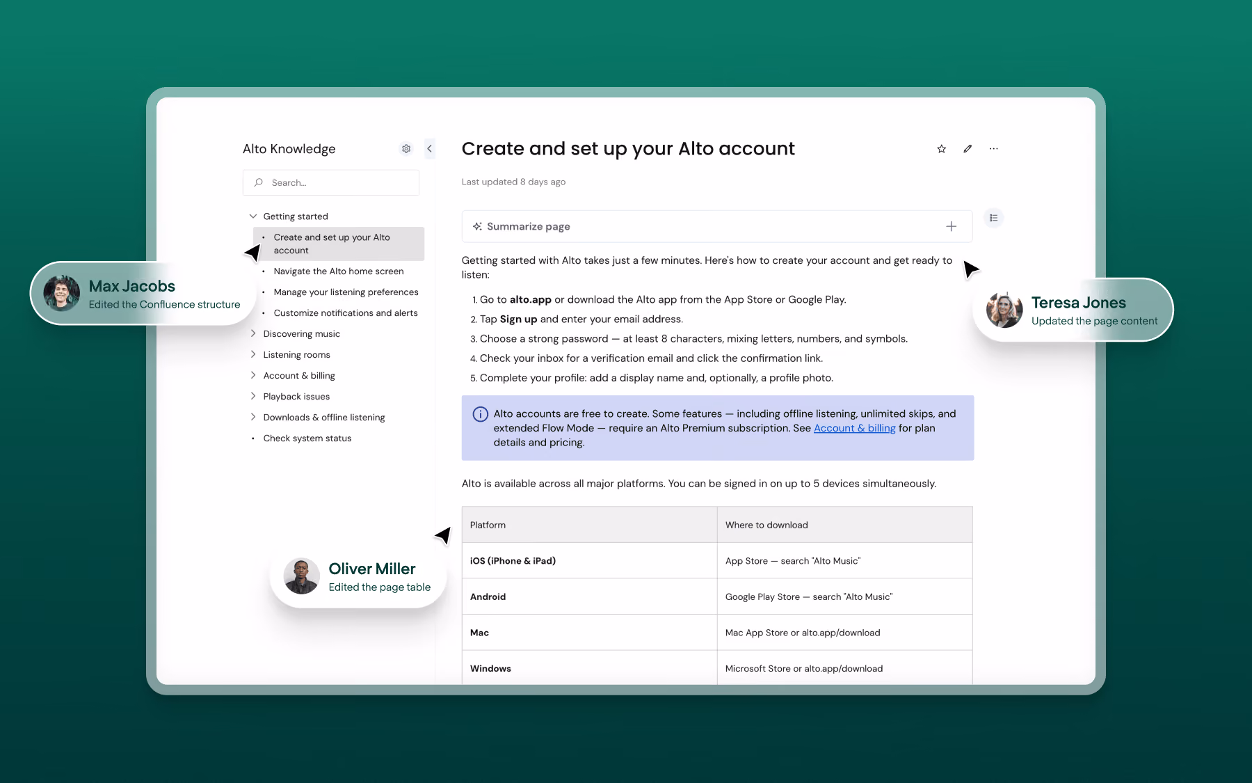 User interface showing how to create an Alto account with a platform download table and user edits highlighted.