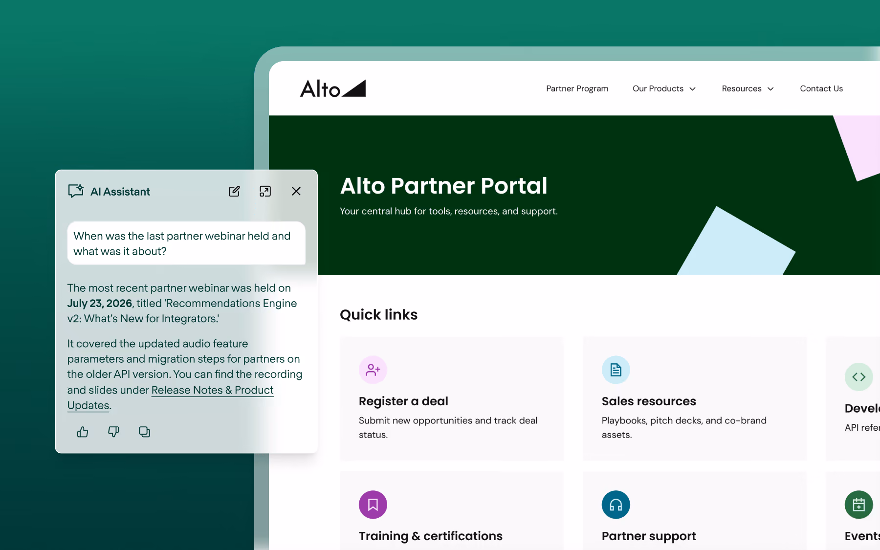Screenshot of Alto Partner Portal with AI Assistant chat about latest partner webinar on July 23, 2026.