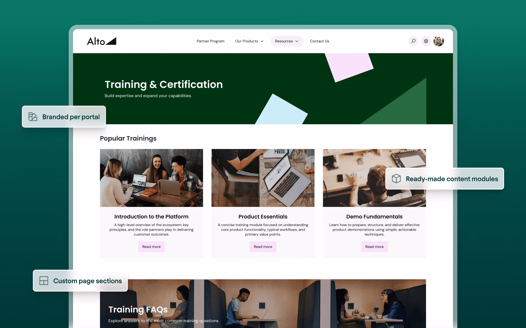 Webpage for training and certification showing sections on popular trainings and custom FAQs.