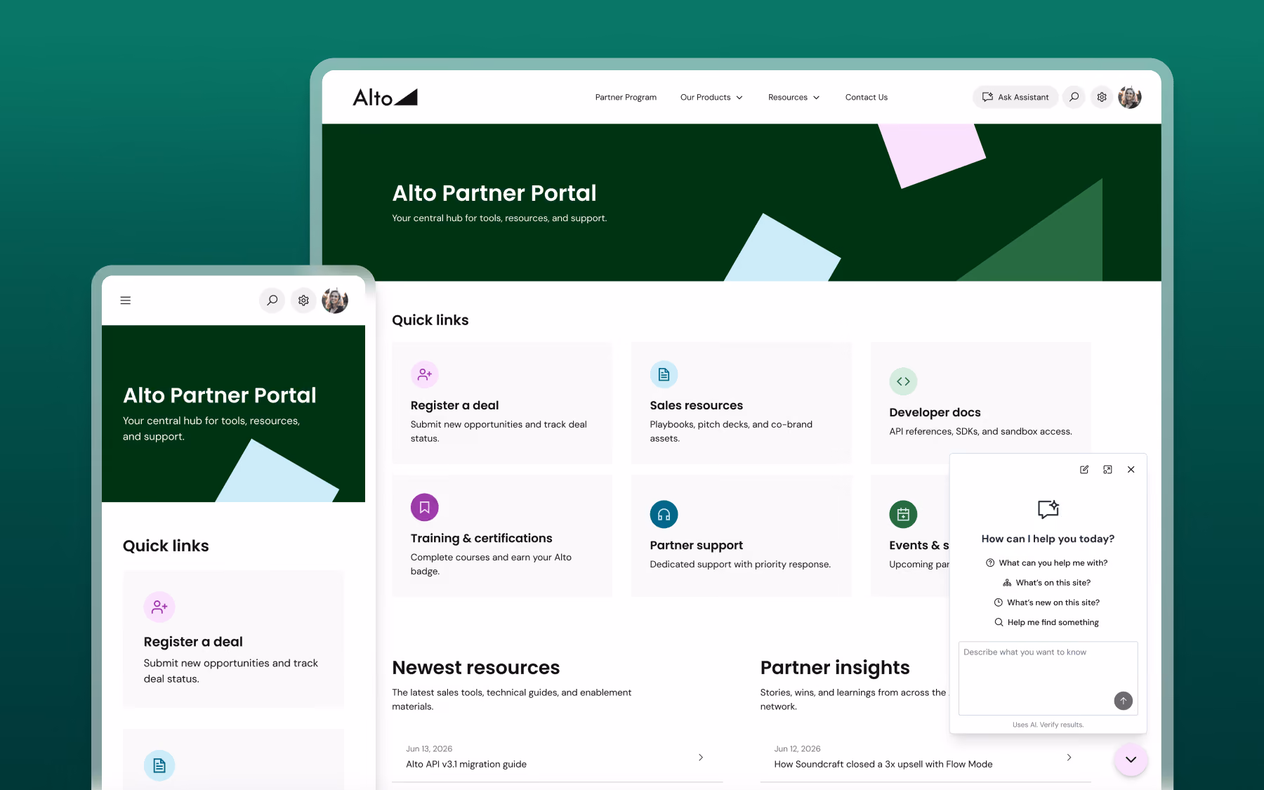 Alto Partner Portal webpage showing quick links, newest resources, partner insights, and AI chat support.