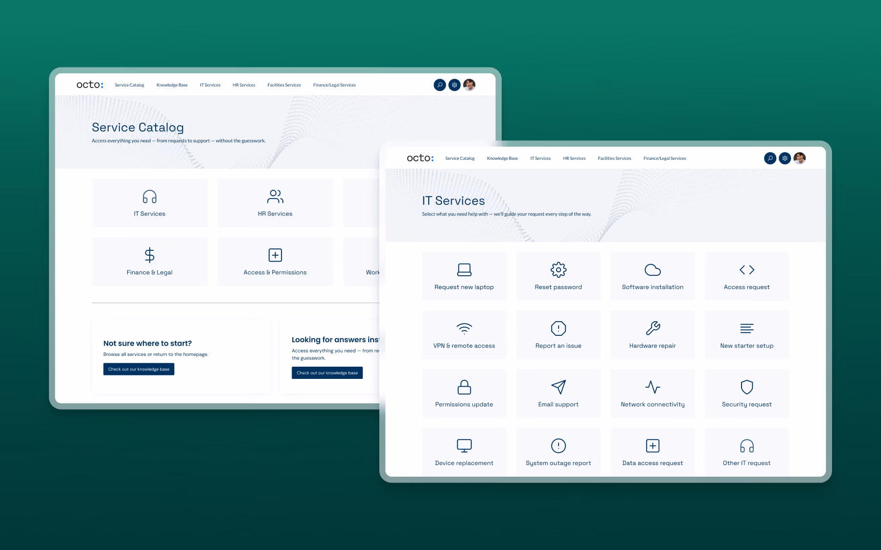 Two overlapping web pages showing Octo's Service Catalog and IT Services options with icons and categories.