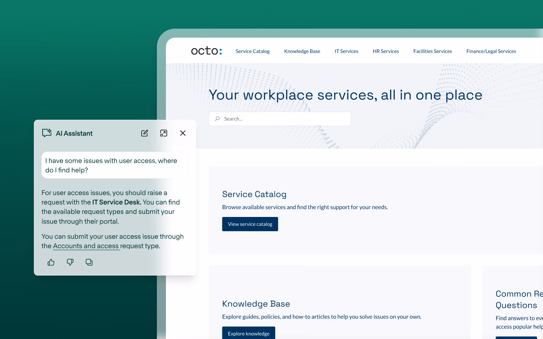 Workplace service portal with AI Assistant chat advising to contact IT Service Desk for user access issues.