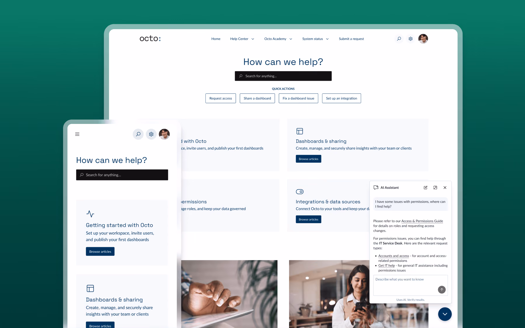 Screenshots of Octo support page and mobile view showing help options, search bar, and AI assistant chat.