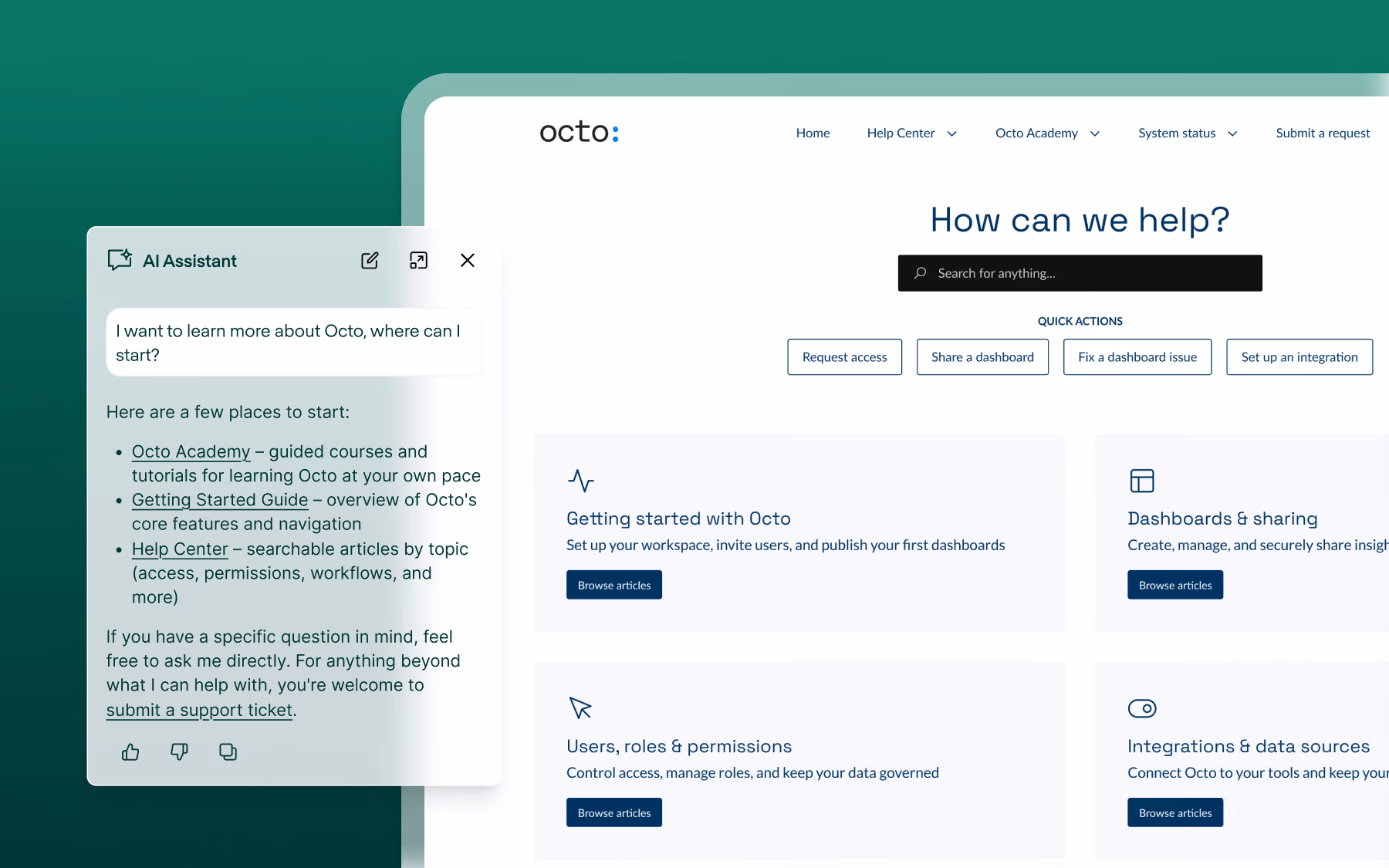 Screenshot of an Octo help page with AI Assistant chat and quick action buttons for dashboard issues and integrations.