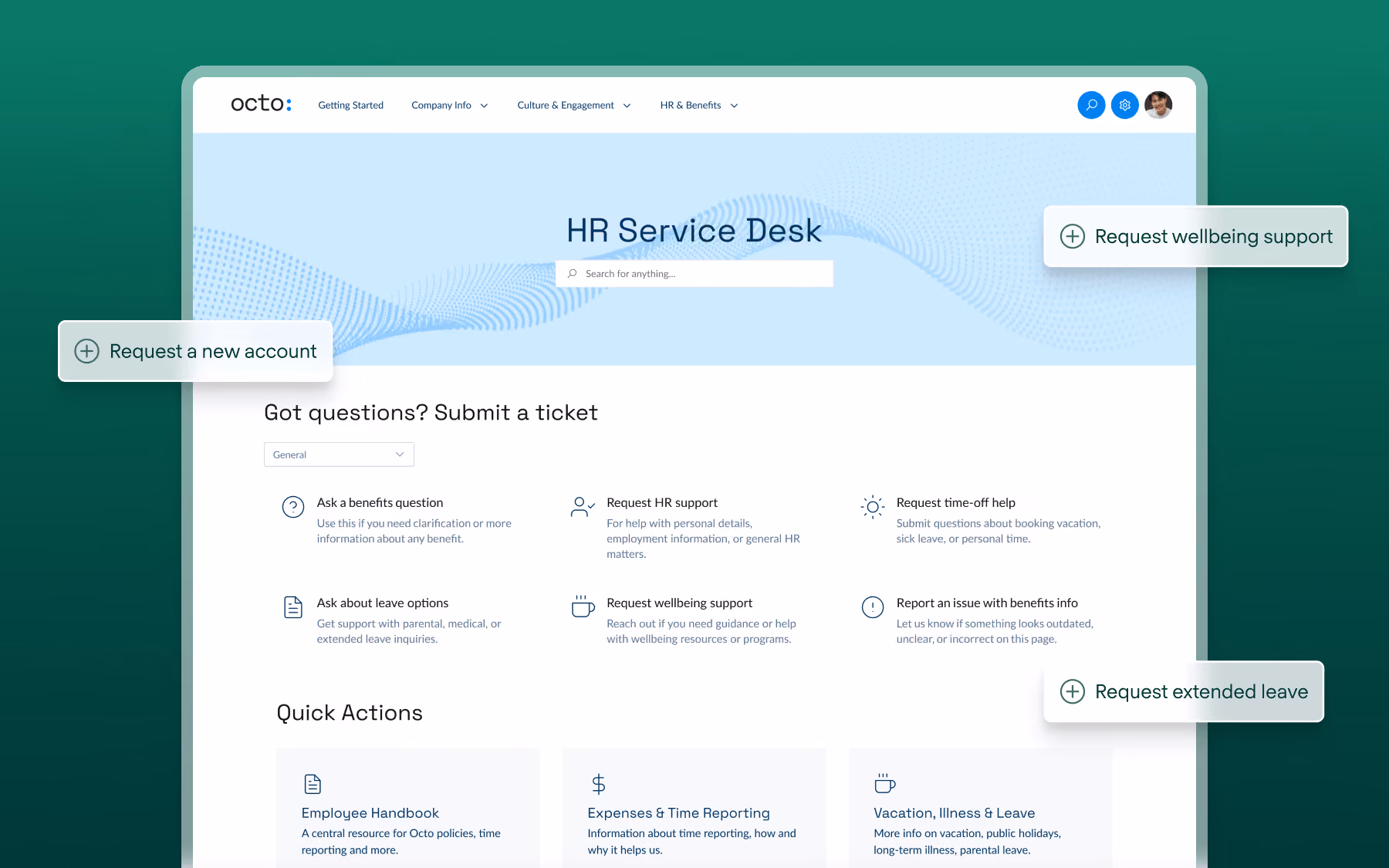 HR service desk webpage showing options for benefits questions, HR support, wellbeing, leave, and quick actions.