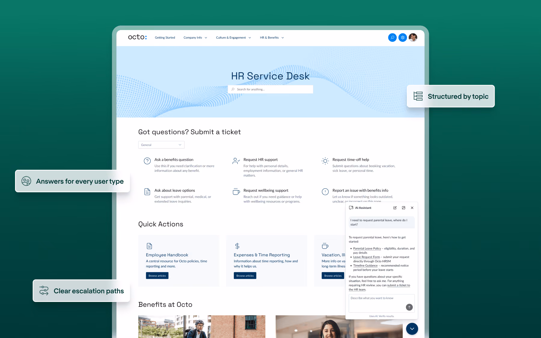 HR service desk webpage with ticket submission options, quick actions, AI assistant chat, and clear navigation.