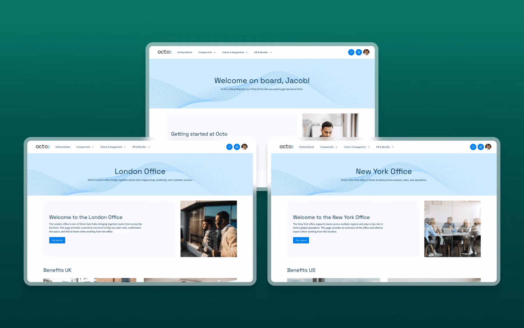 Screens of onboarding pages for Octo's London and New York offices welcoming new employees.