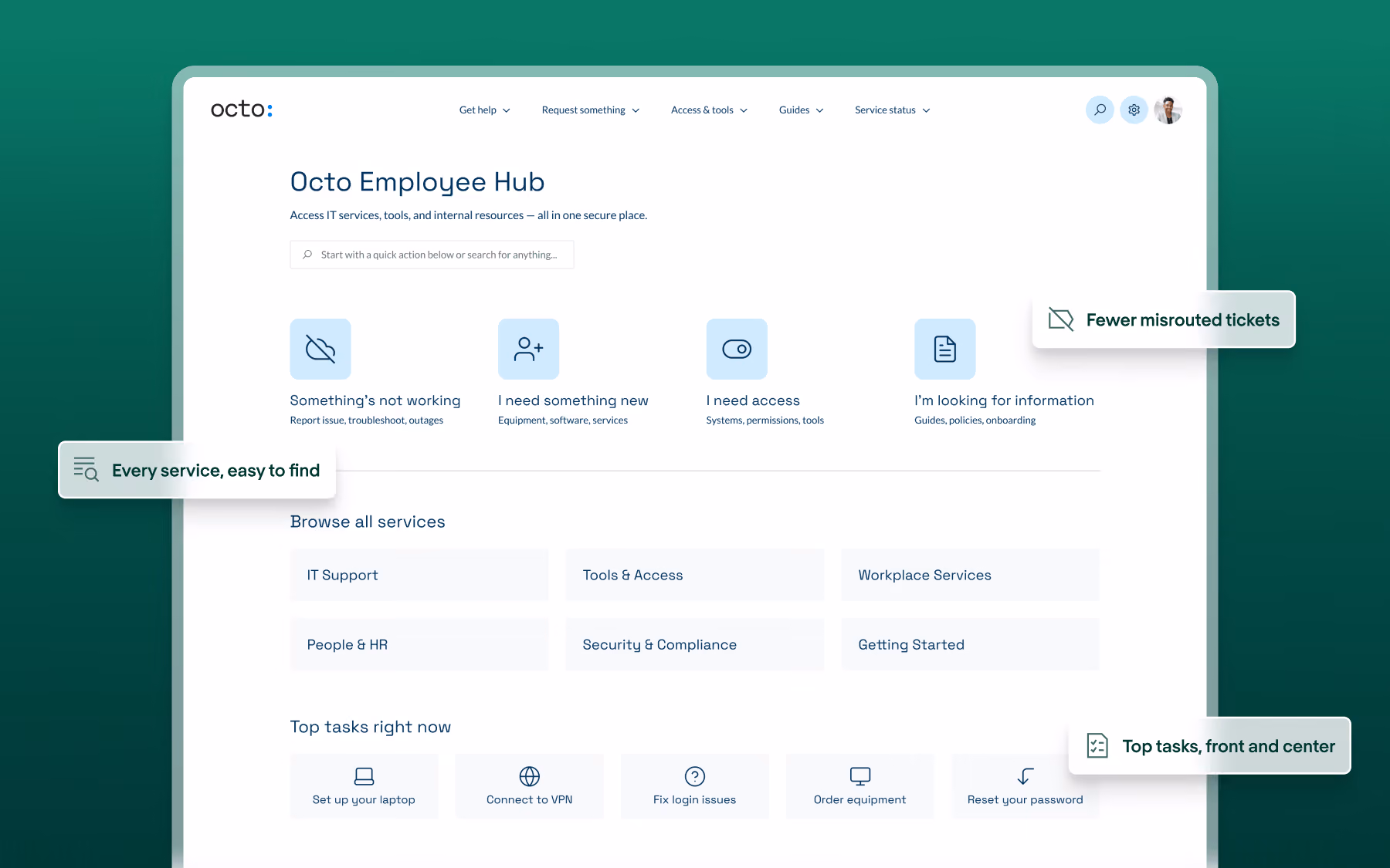 Octo Employee Hub interface showing IT services, quick actions, service categories, and top tasks.