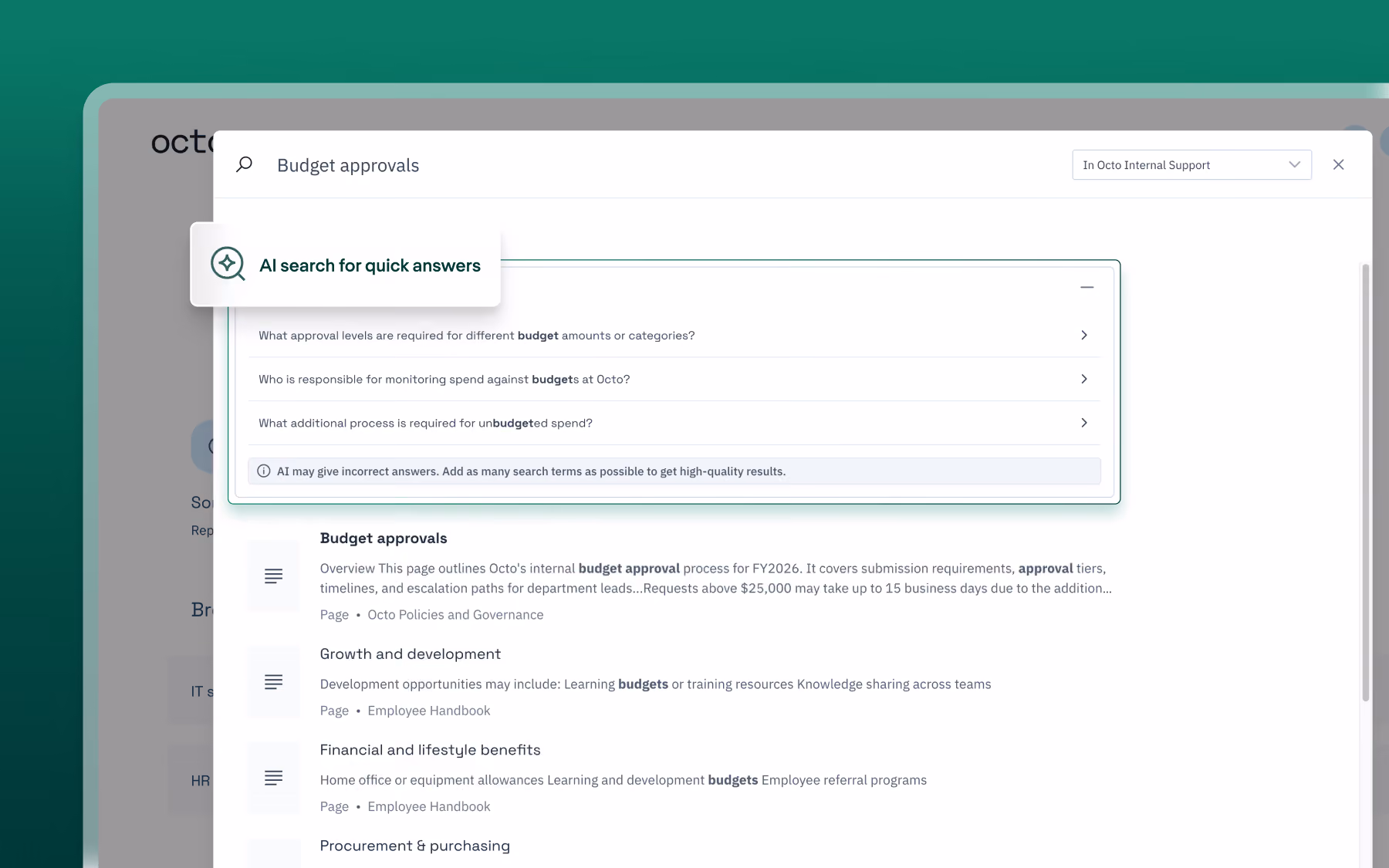 Search interface showing AI search for quick answers on budget approvals and related topics in an internal support system.