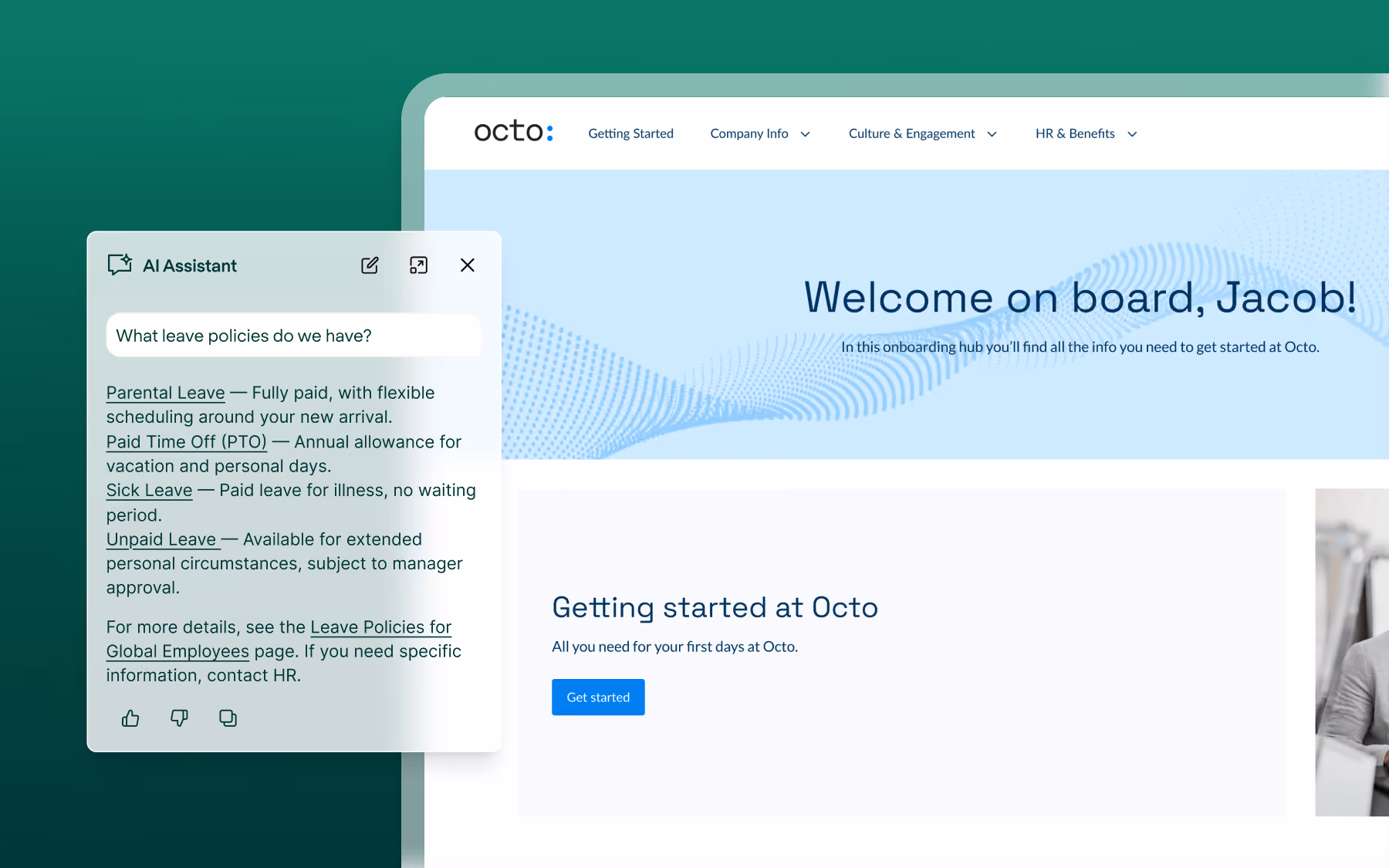 Onboarding hub webpage showing AI Assistant responses on leave policies and options to submit HR support tickets.