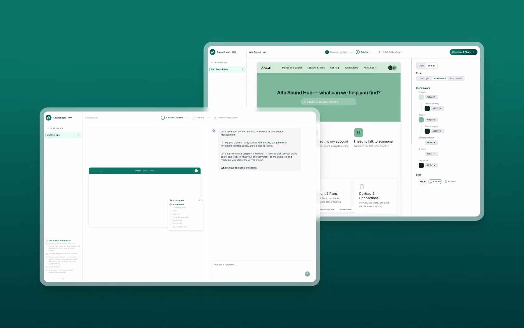Two open web application windows on a green gradient background, showing a customer service chat interface and a website management dashboard with menu options and a chat conversation.