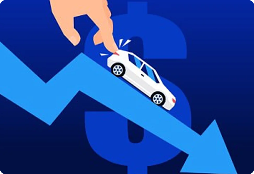 A hand pushing a car down in value.