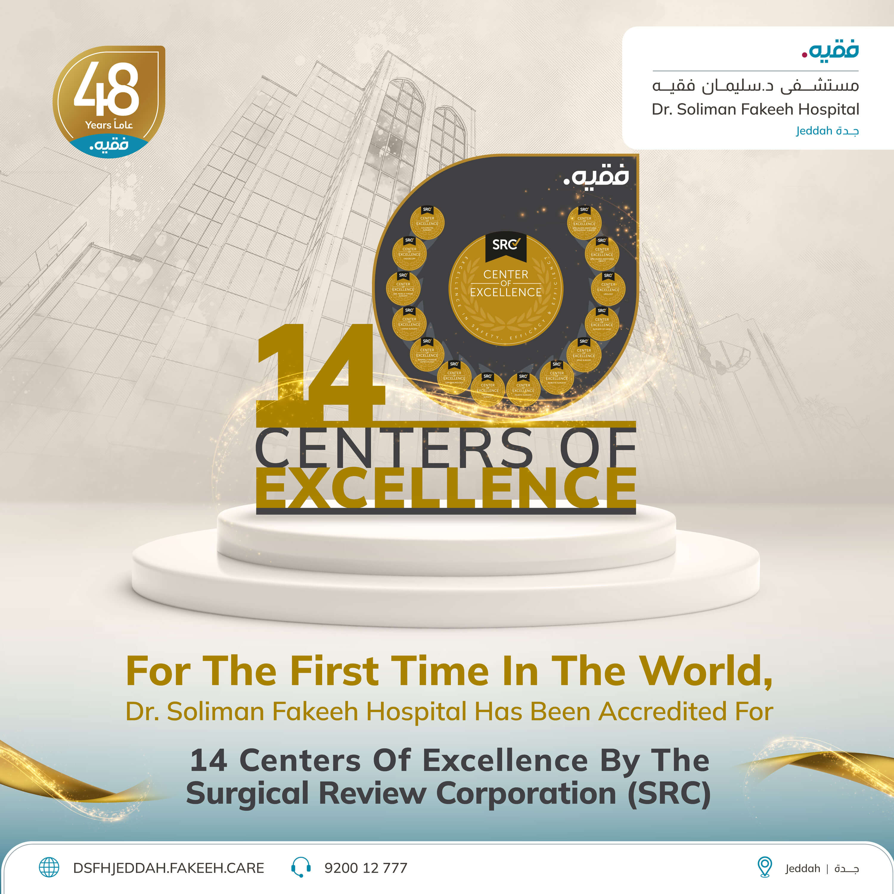 In an unprecedented achievement that adds to its long-standing record of excellence, Dr. Soliman Fakeeh Hospital in Jeddah has become the first hospital in the Middle East to receive 14 Centers of Excellence accreditations from the Surgical Review Corporation (SRC) across a range of medical specialties.
