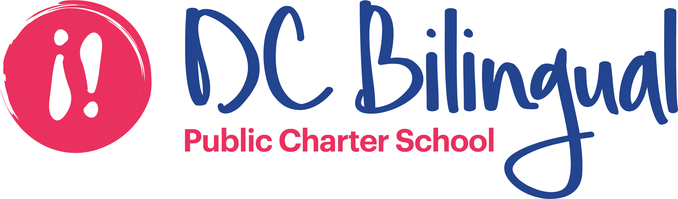 Logo with a pink circle containing a stylized white lowercase 'i' and '!' symbol, next to the text 'DC Bilinqual' in blue handwritten font and 'Public Charter School' in smaller pink letters below.
