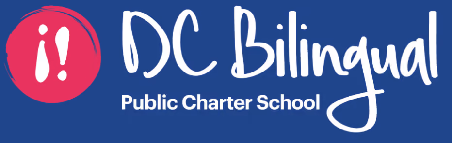 Logo for DC Bilingual Public Charter School with a red circle containing a white stylized i and exclamation mark, next to white text on a blue background.