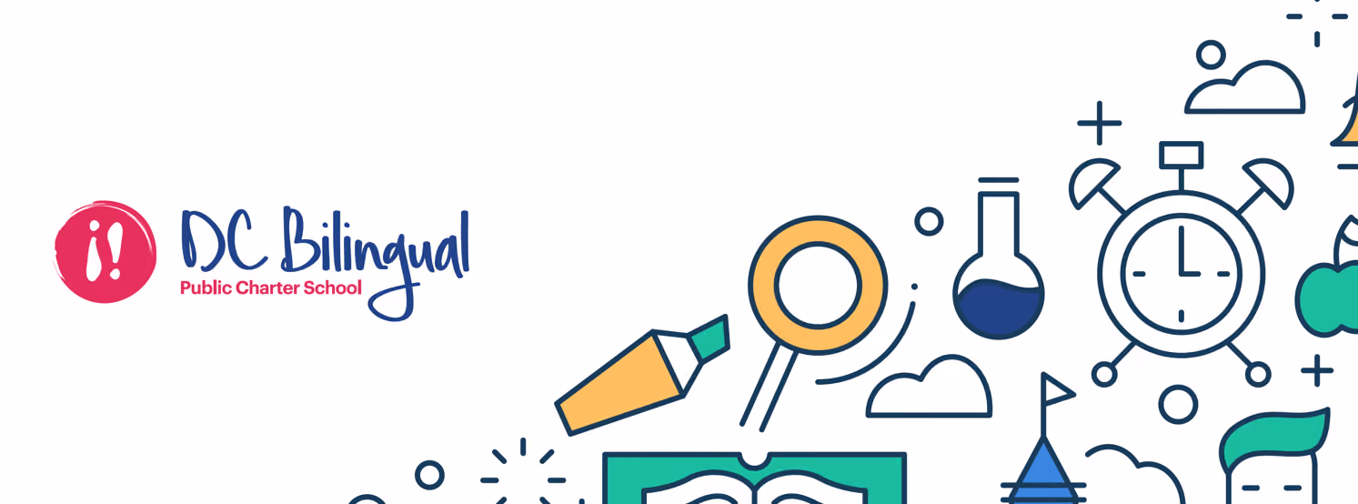 DC Bilingual Public Charter School logo on left with colorful science and education-themed icons including a flask, stopwatch, and open book on white background.