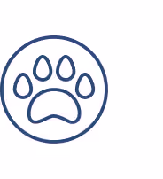 Simple navy blue outline of a paw print enclosed in a circle on a white background.