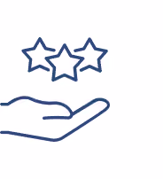 Illustration of a hand palm facing up with three stars hovering above it, symbolizing quality or excellence.