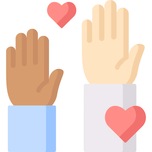 Illustration of two raised hands with different skin tones, each accompanied by a pink heart, symbolizing care and volunteerism.