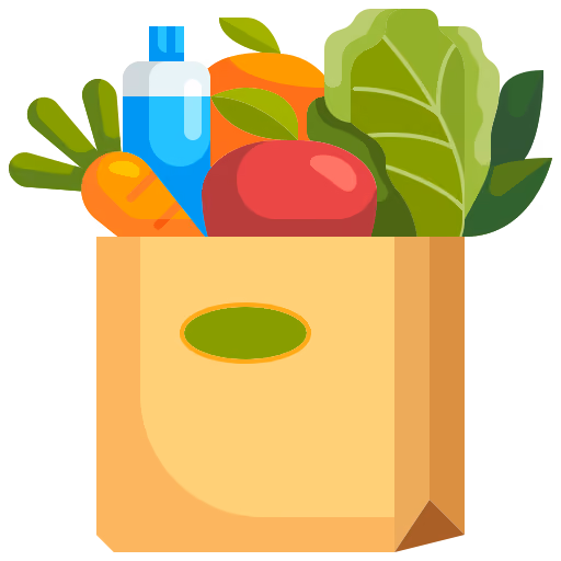 Paper shopping bag filled with groceries including a water bottle, carrot, apple, leafy greens, and other vegetables.