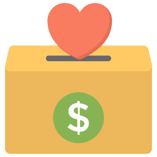 Donation box with a heart symbol emerging from the slot and a dollar sign on its front.