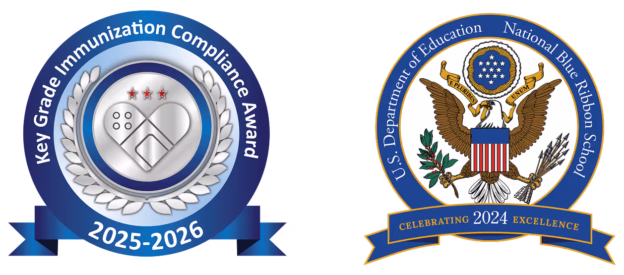 Two award seals side by side: left is Key Grade Immunization Compliance Award 2025-2026 with a silver heart made of band-aids and stars, encircled by a laurel wreath and blue ribbon; right is U.S. Department of Education National Blue Ribbon School 2024 seal with a bald eagle holding an olive branch and arrows, topped by 13 stars in a circle and a banner with 'E Pluribus Unum', surrounded by a blue ring and blue ribbon stating 'Celebrating 2024 Excellence'.