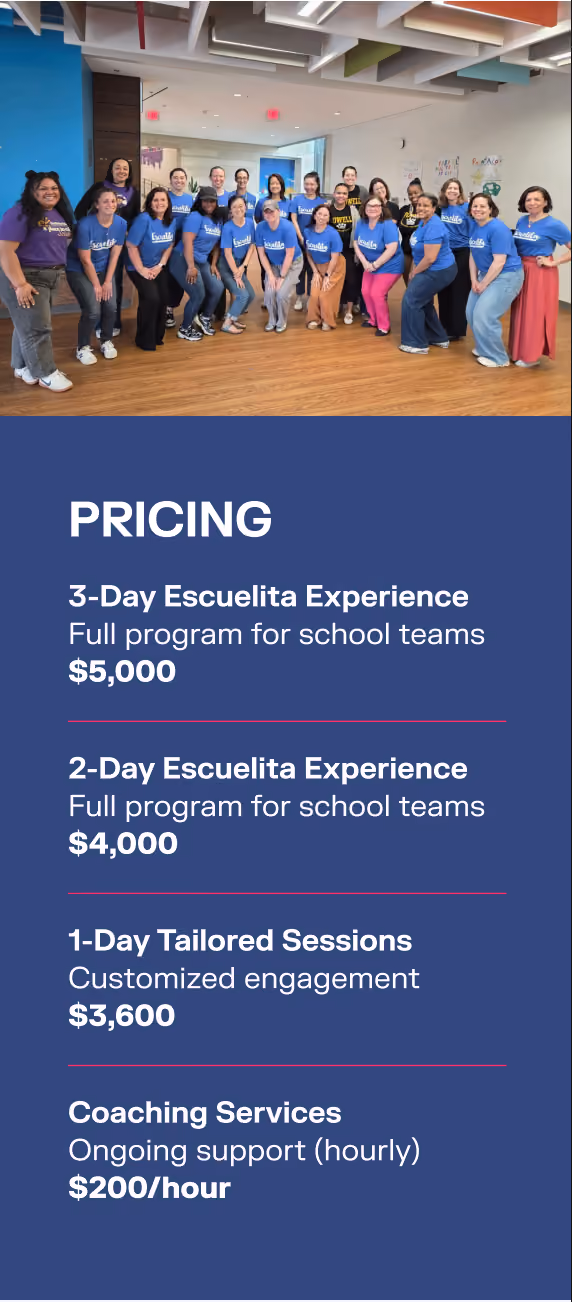 Group of women posing indoors wearing matching blue Escuelita T-shirts and casual pants, standing on wooden floor under a ceiling with exposed beams and colored panels, above pricing details for Escuelita programs including 3-Day Experience $5,000, 2-Day Experience $4,000, 1-Day Tailored Sessions $3,600, and Coaching Services $200 per hour on a navy background.