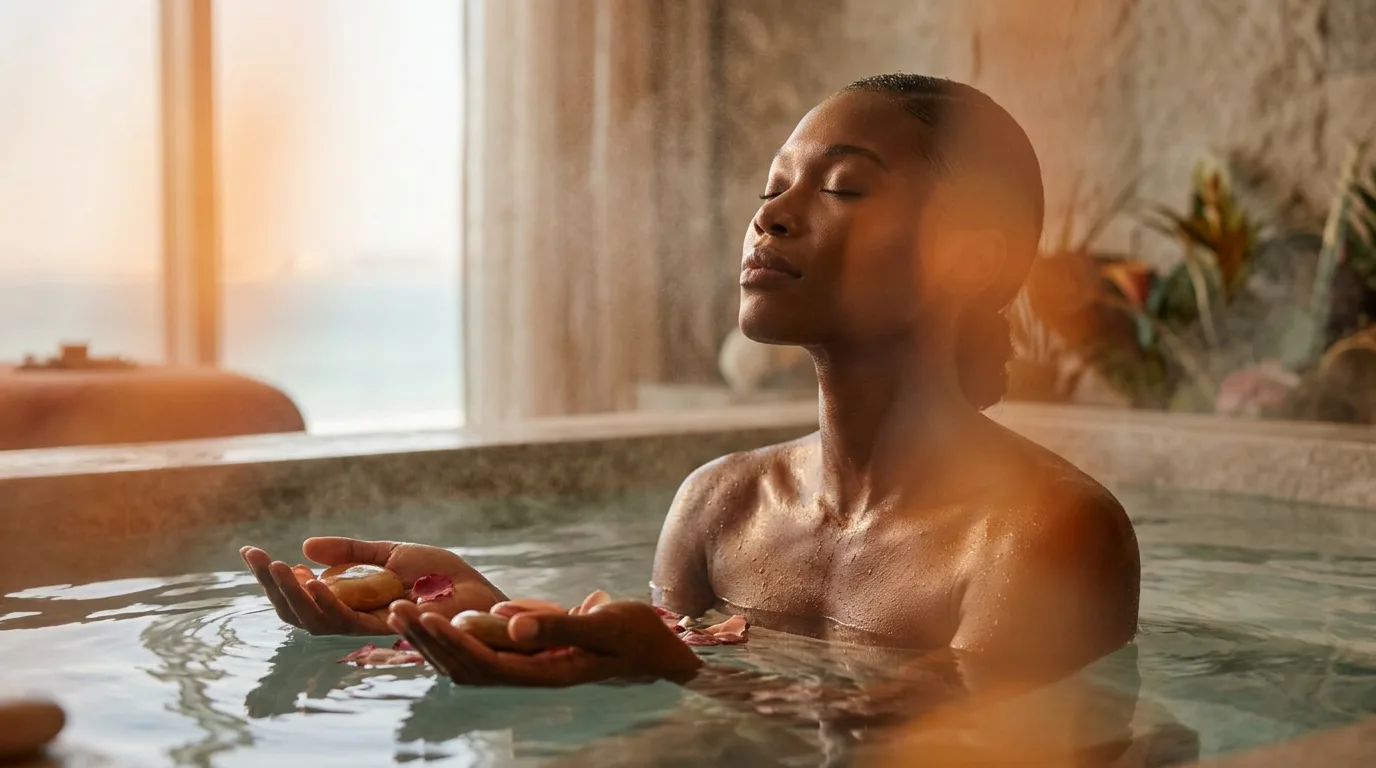 Woman resting in a warm spa pool holding stones and petals