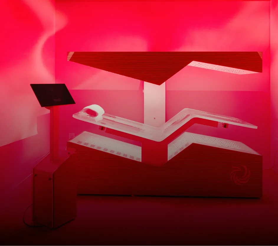 Red-lit sensorial spa treatment installation