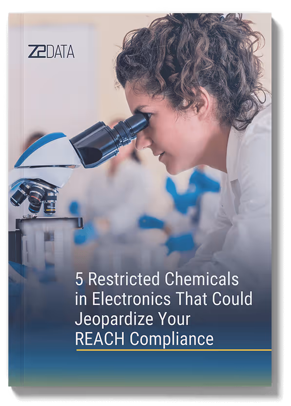 Scientist with curly hair looking through a microscope in a lab with text about restricted chemicals in electronics and REACH compliance.
