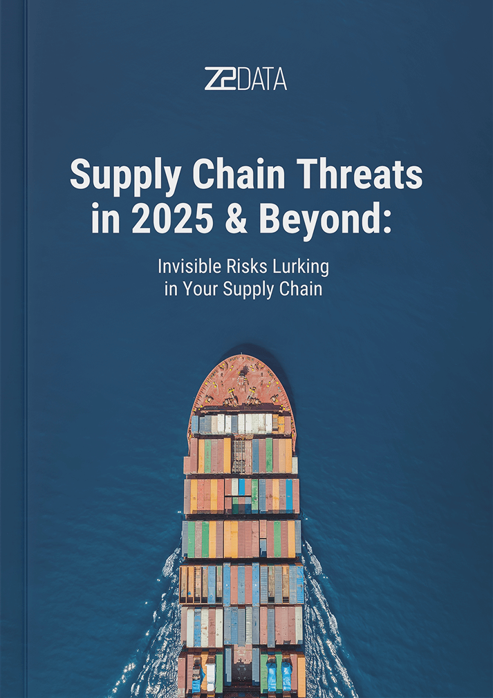 Book cover depicting an aerial view of a cargo ship carrying colorful containers on deep blue water, titled 'Supply Chain Threats in 2025 & Beyond: Invisible Risks Lurking in Your Supply Chain' by Z2Data.