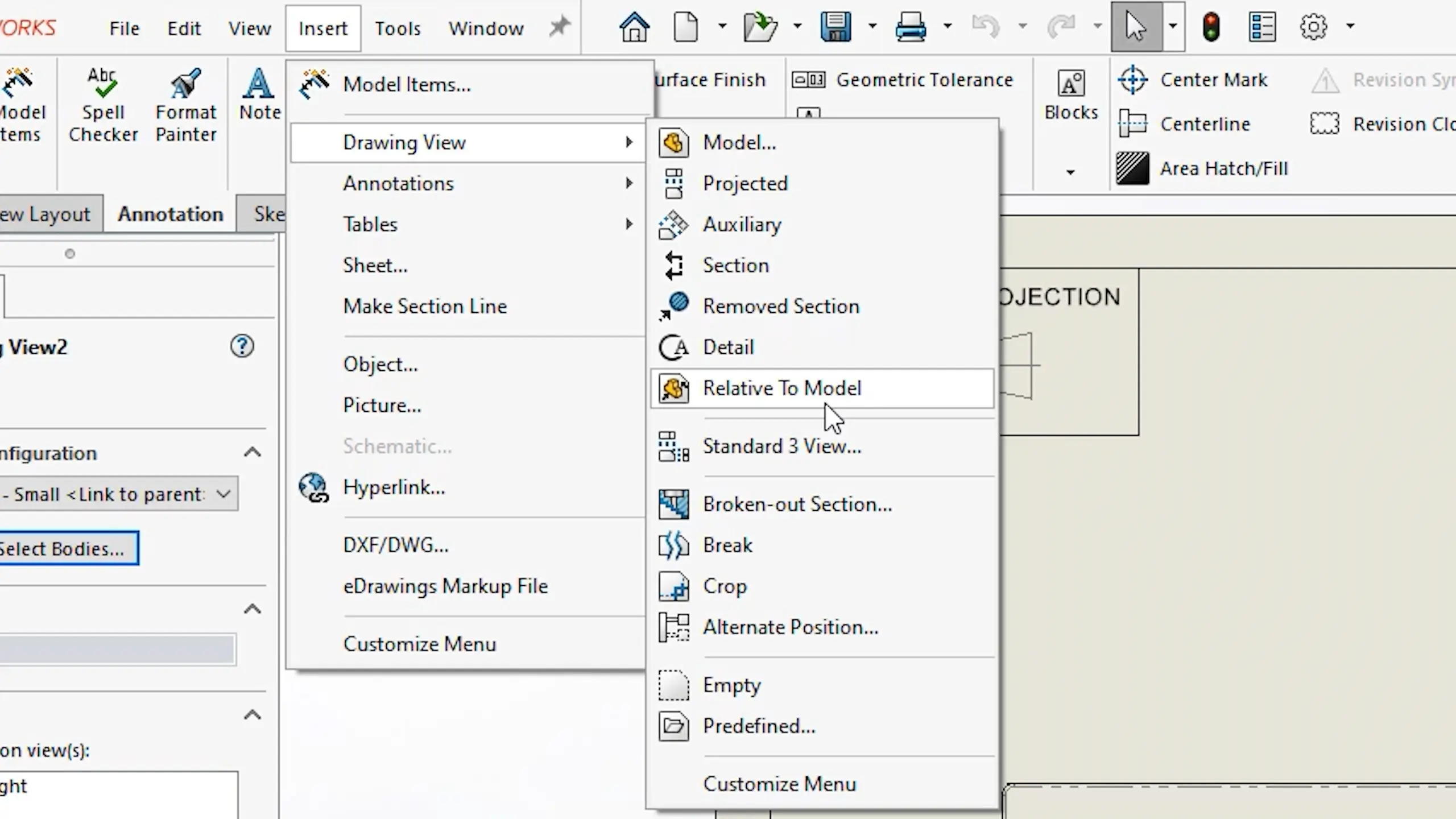 Use the relative to model tool to easier set the orientation of a body in a SolidWorks drawing