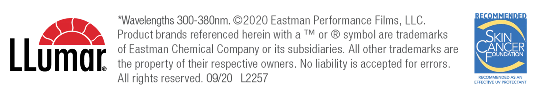 Skin Cancer Foundation recommended seal with text on Eastman Performance Films trademark and liability disclaimer.