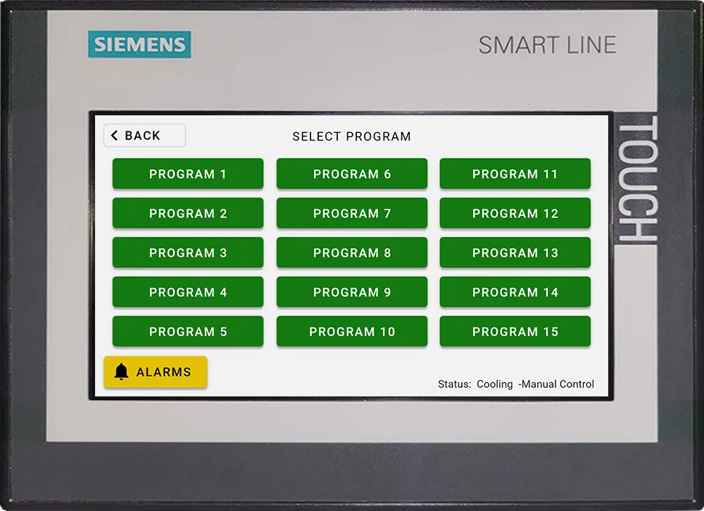 Industrial Food Dehydrator PLC (Programmable Logic Controller) Control Panel - Program Control - The Select Program Screen displays a list of programs or recipes that can be pre-set to allow for quick access in the future.